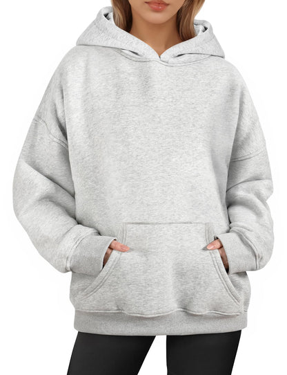 Moletom Oversized ZENUTA para Mulheres com Manga Longa de Fleece e Bolso Pulôver para Outono e Inverno, Cor Cinza Grande